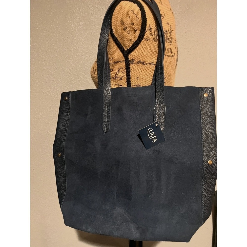 Ulta Tote Bag Womens OS Navy Blue New Faux Suede Pebbled Leather Magnetic Snap
